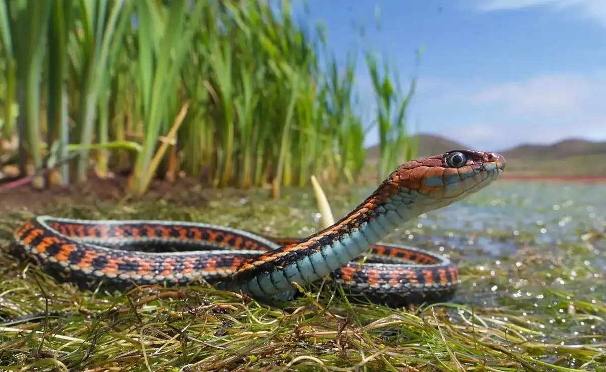 California red-sided garter snake resting beside water, with blue and red markings visible.
